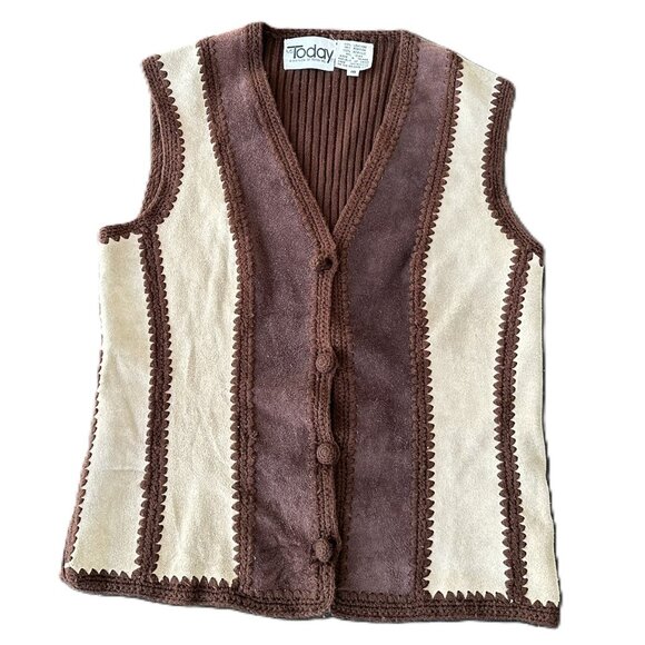 Rare 1970s Suede & Knit Vest Crochet Trim / covered buttons Brown Tan Vintage - Picture 1 of 10